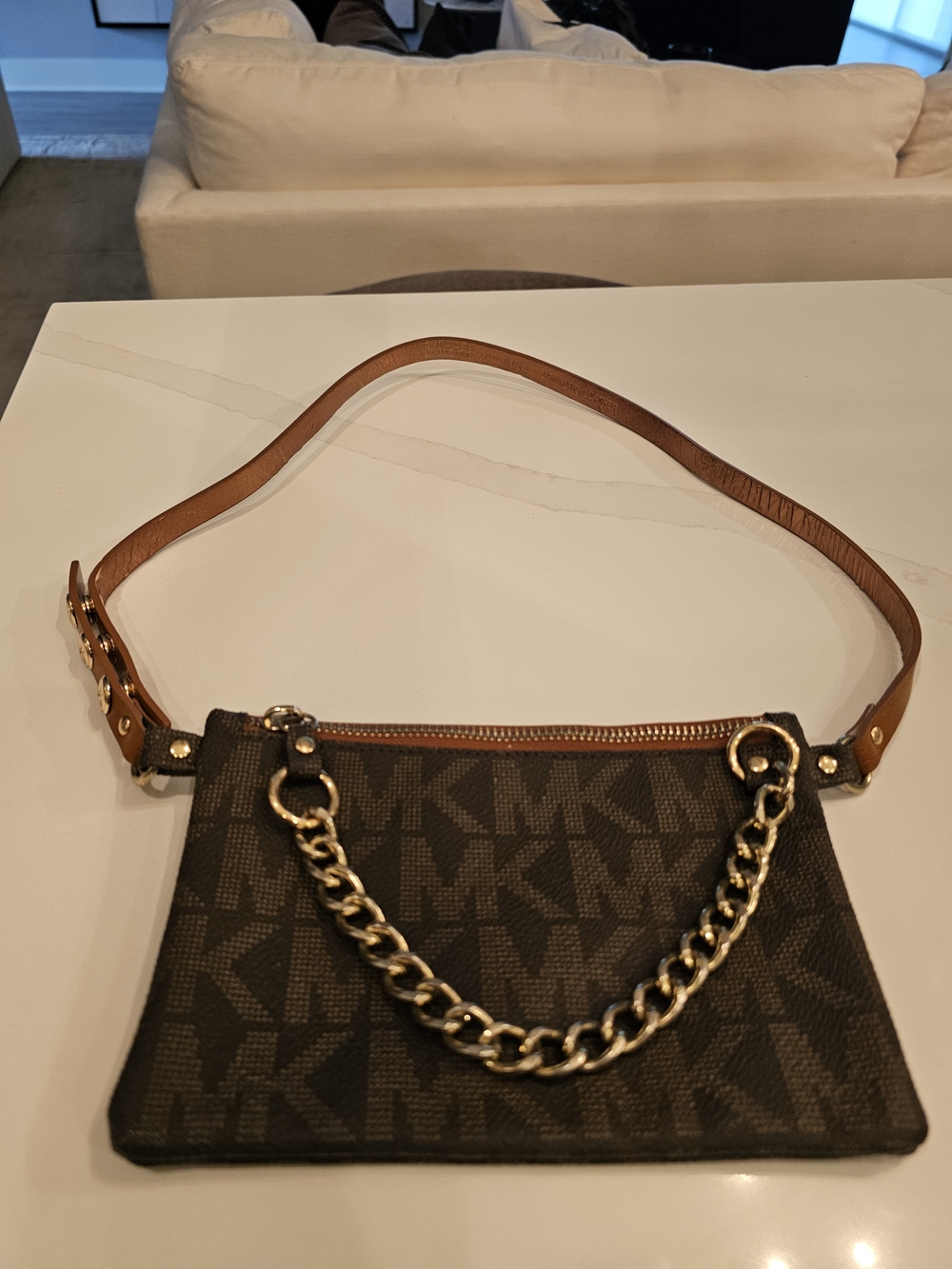 Michael Kors Brown Logo Wristlet with Gold Chain